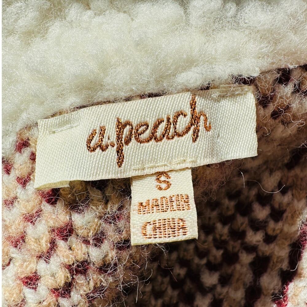 a. peach Tan Ivory Burgundy Southwest Print Button Collared Sweater Jacket S - Picture 9 of 13